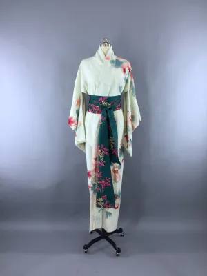 1940s Vintage Silk Kimono Robe / Celedon Aqua Pink Floral