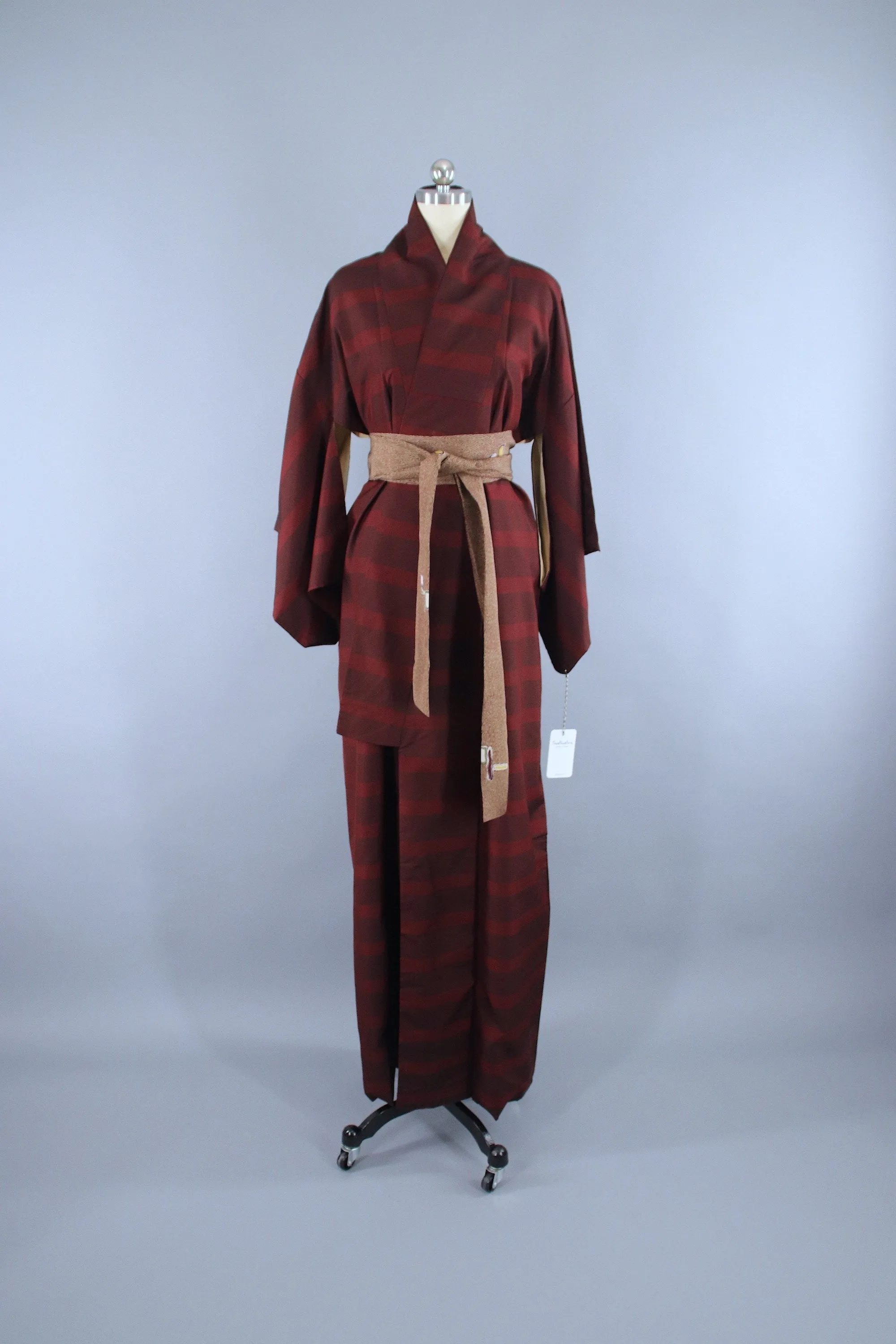 1940s Vintage Silk Kimono Robe / Dark Red Stripes