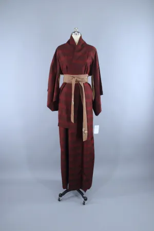 1940s Vintage Silk Kimono Robe / Dark Red Stripes