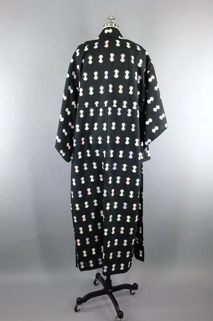 1940s Vintage Silk Kimono Robe / Ikat Black