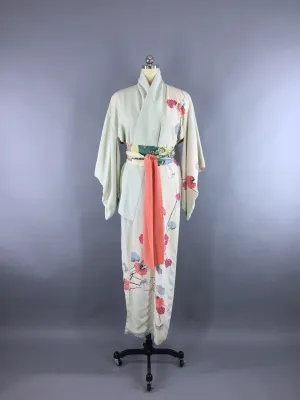 1940s Vintage Silk Kimono Robe / Pale Green Floral Print