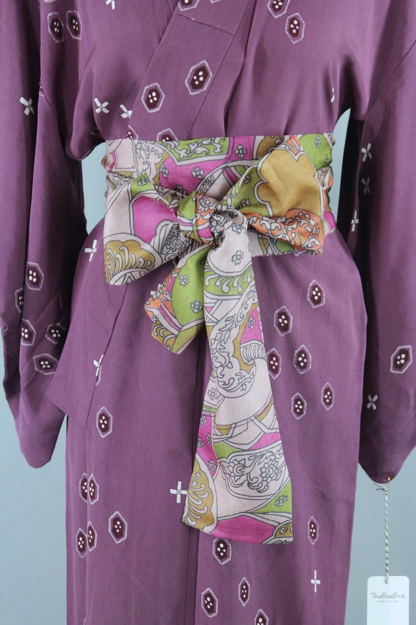 1940s Vintage Silk Kimono Robe / Purple & White