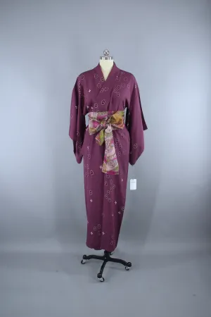 1940s Vintage Silk Kimono Robe / Purple & White