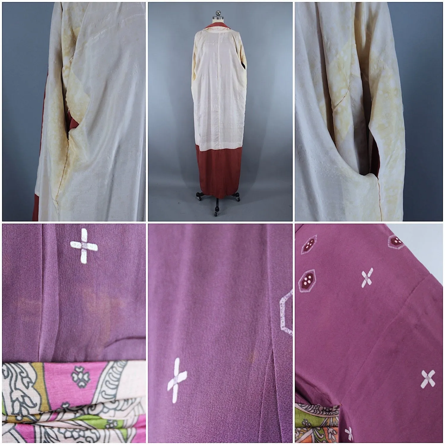 1940s Vintage Silk Kimono Robe / Purple & White