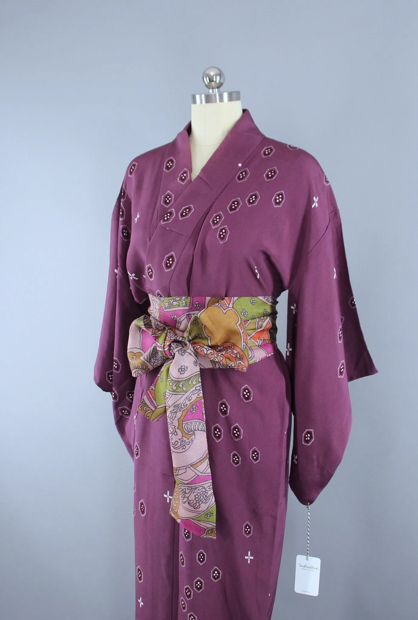 1940s Vintage Silk Kimono Robe / Purple & White