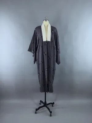 1940s Vintage Silk Kimono Robe with Dark Gray Floral Print
