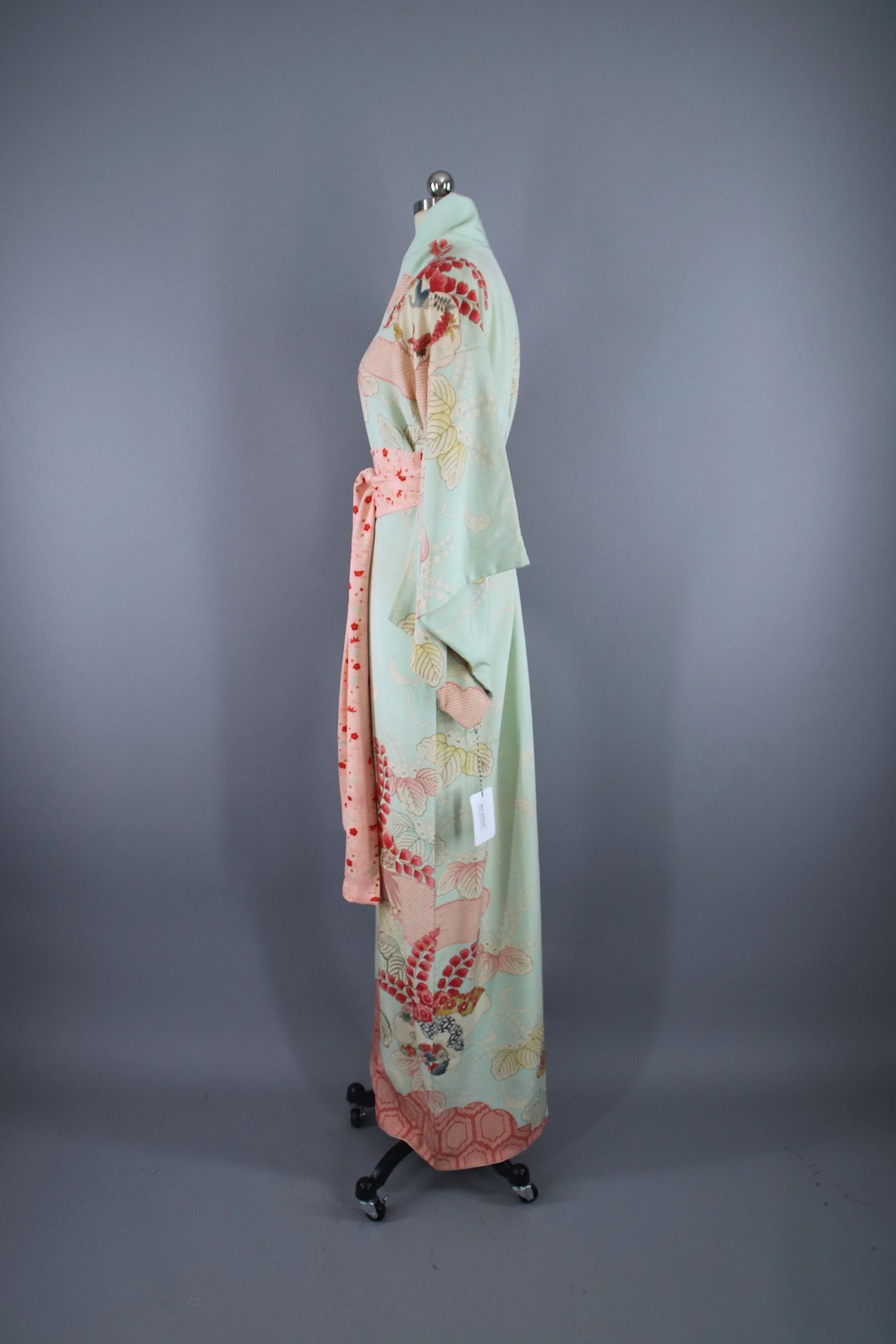 1950s Vintage Silk Kimono Robe / Aqua Blue Pink Floral