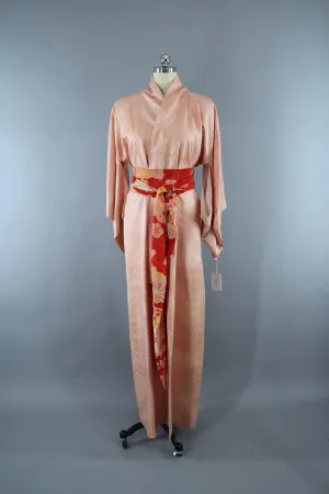 1950s Vintage Silk Kimono Robe / Art Deco Peach Seigaiha Print