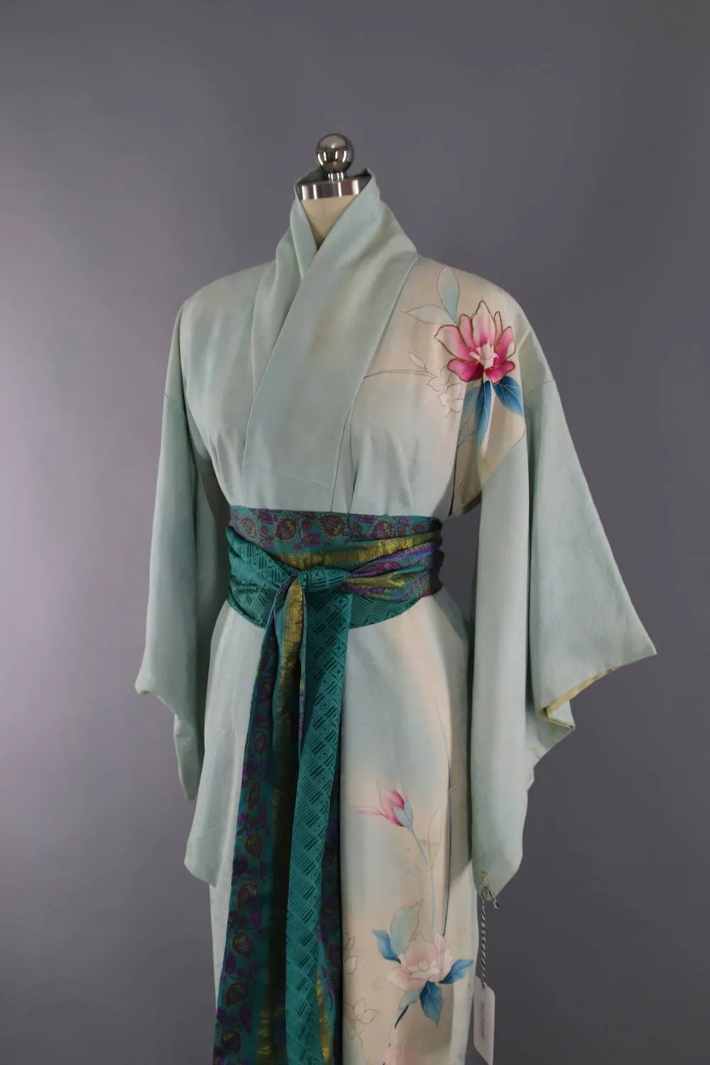 1950s Vintage Silk Kimono Robe / Blue Green Floral Print