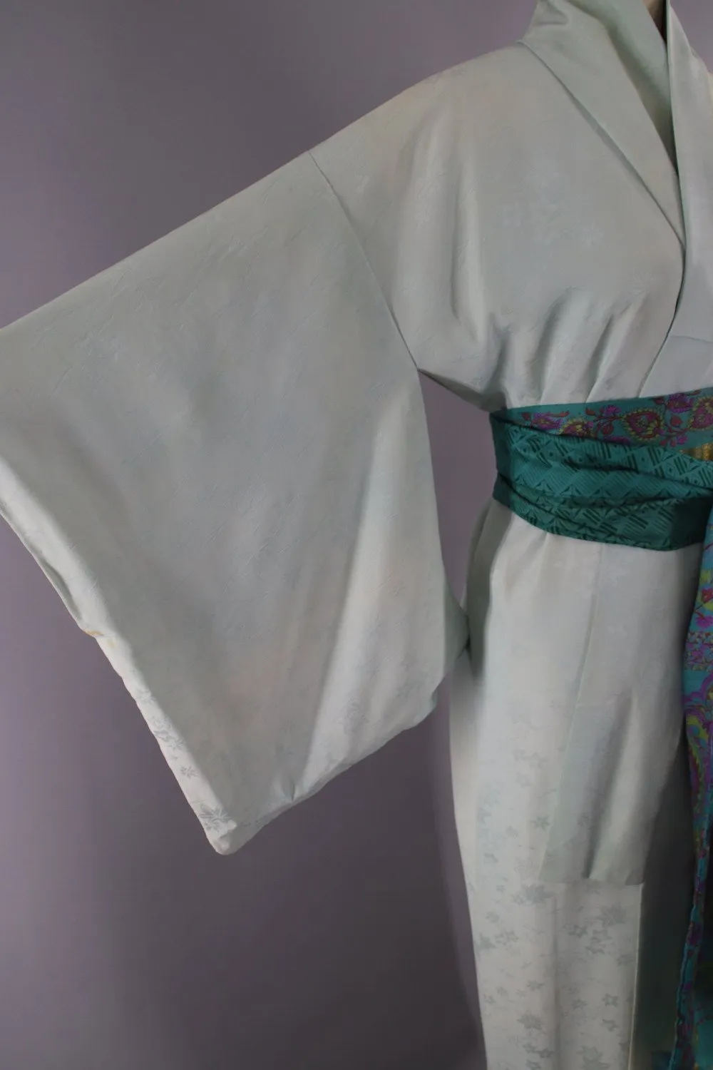 1950s Vintage Silk Kimono Robe / Blue Green Floral Print