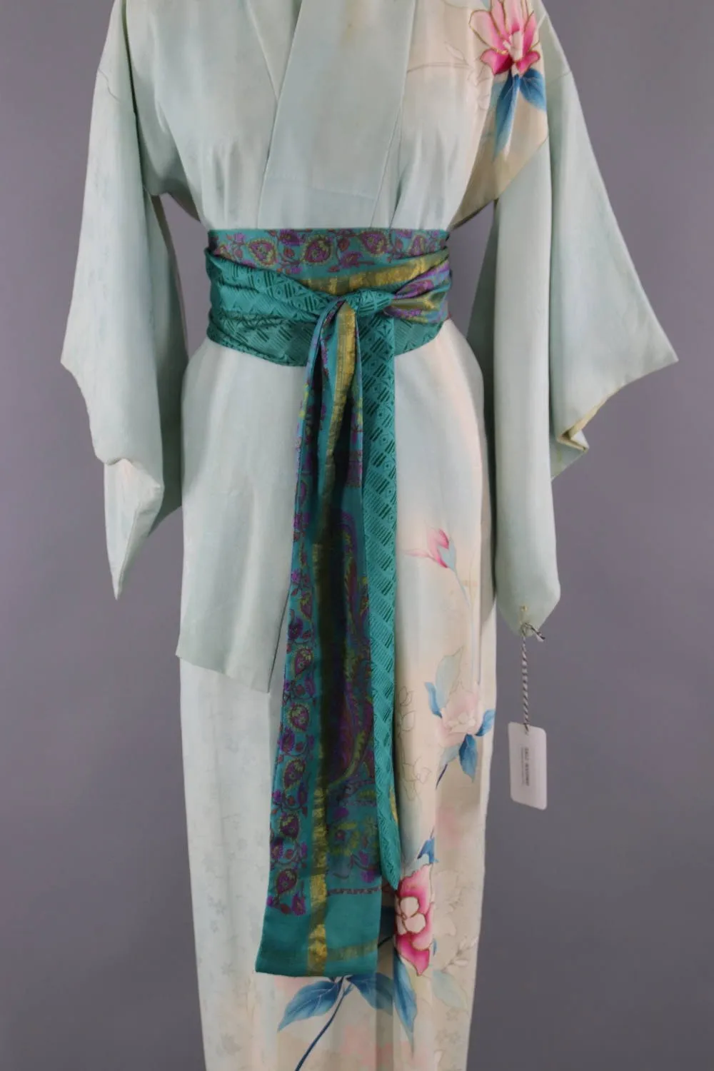 1950s Vintage Silk Kimono Robe / Blue Green Floral Print