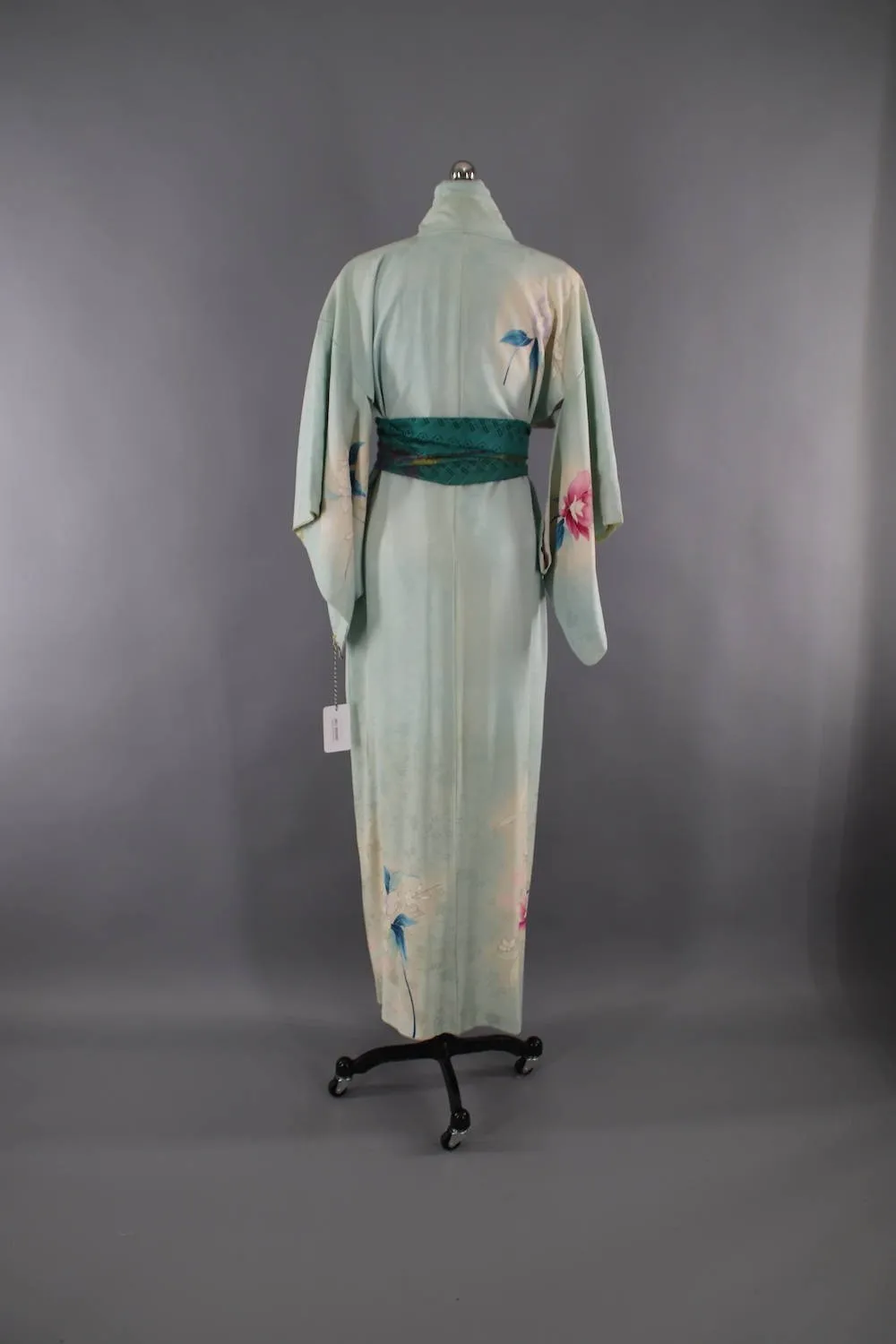 1950s Vintage Silk Kimono Robe / Blue Green Floral Print