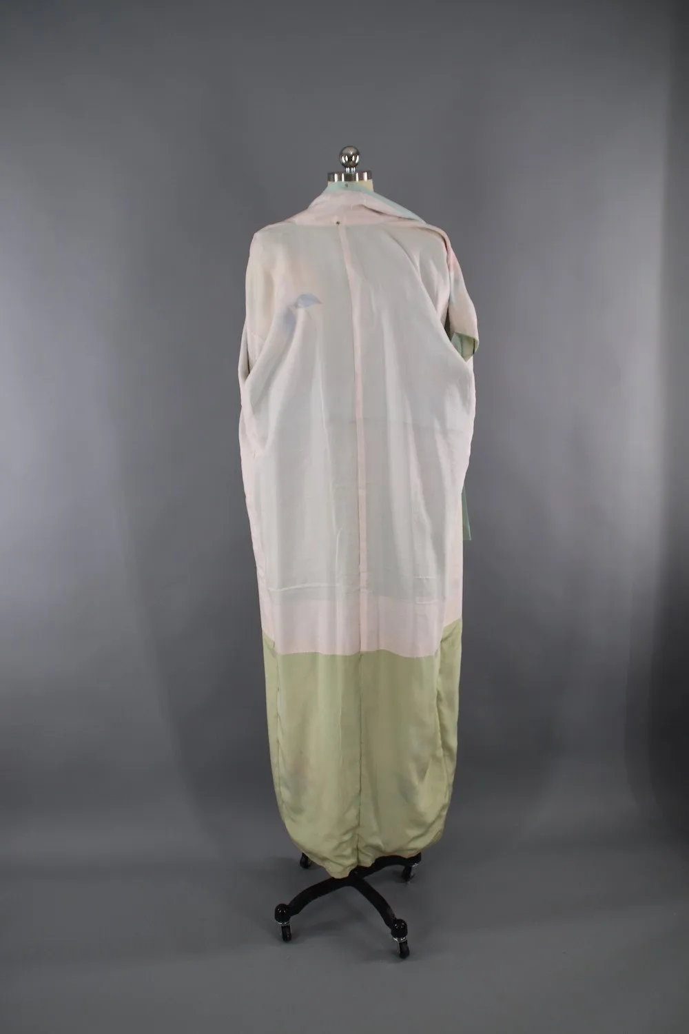 1950s Vintage Silk Kimono Robe / Blue Green Floral Print