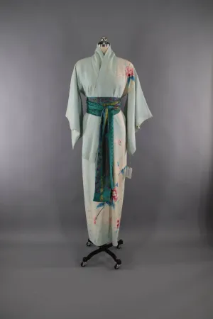 1950s Vintage Silk Kimono Robe / Blue Green Floral Print