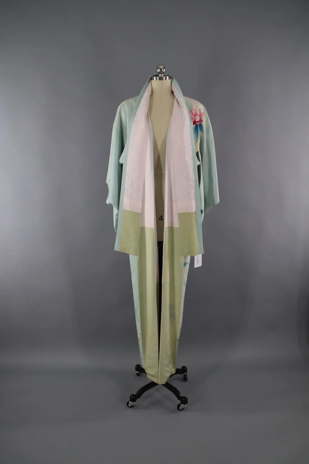 1950s Vintage Silk Kimono Robe / Blue Green Floral Print