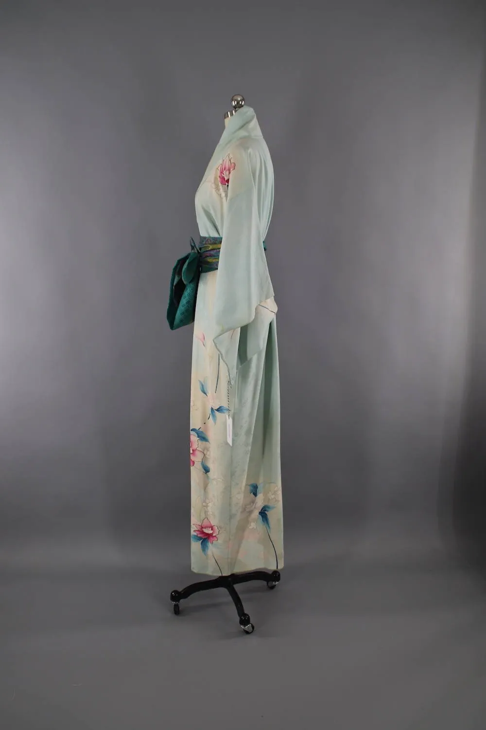 1950s Vintage Silk Kimono Robe / Blue Green Floral Print