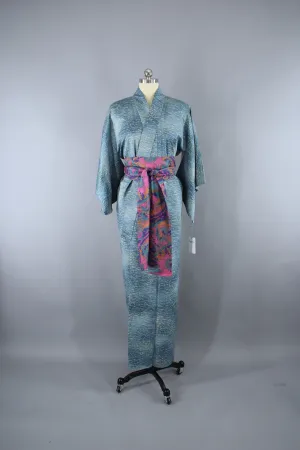 1950s Vintage Silk Kimono Robe / Blue Green Grass Print
