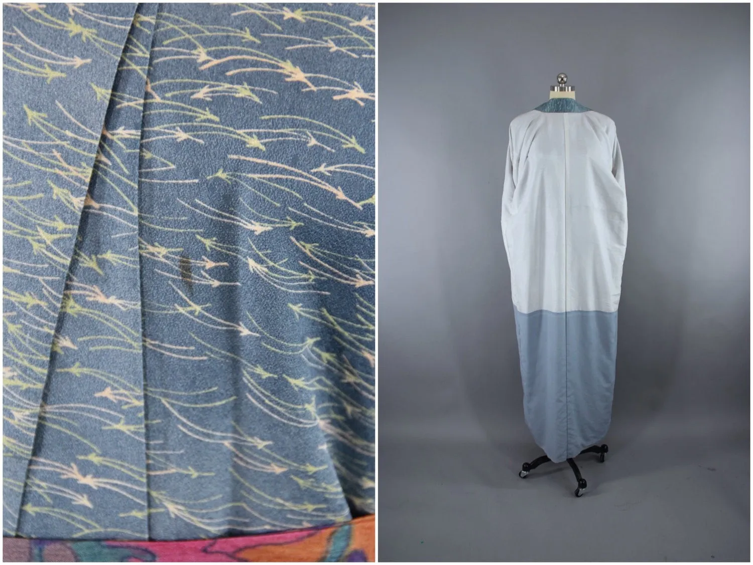 1950s Vintage Silk Kimono Robe / Blue Green Grass Print