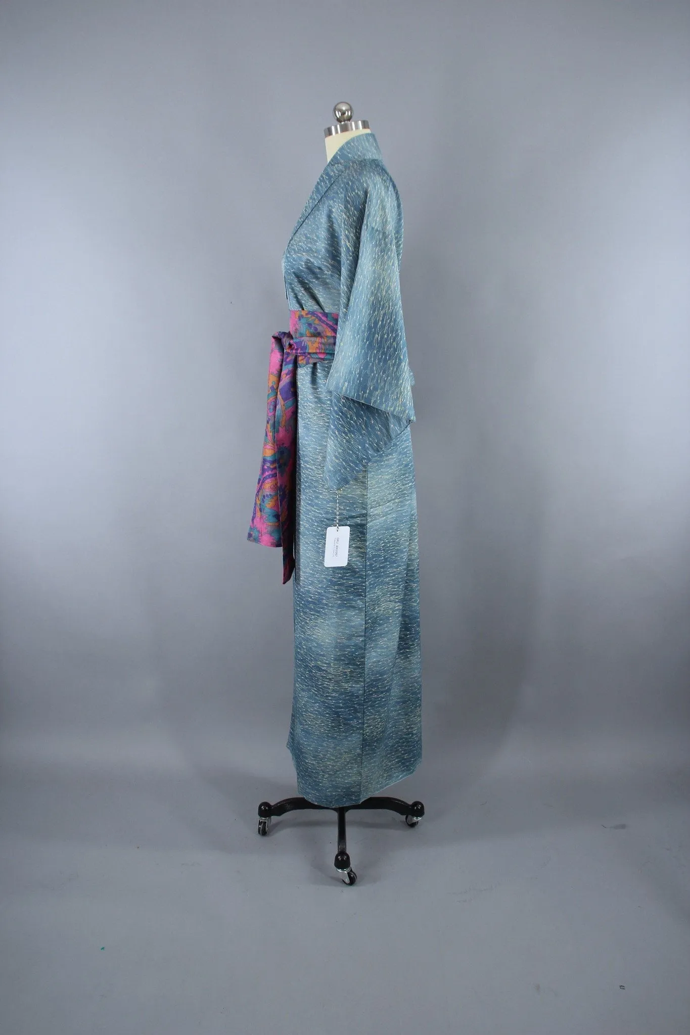 1950s Vintage Silk Kimono Robe / Blue Green Grass Print