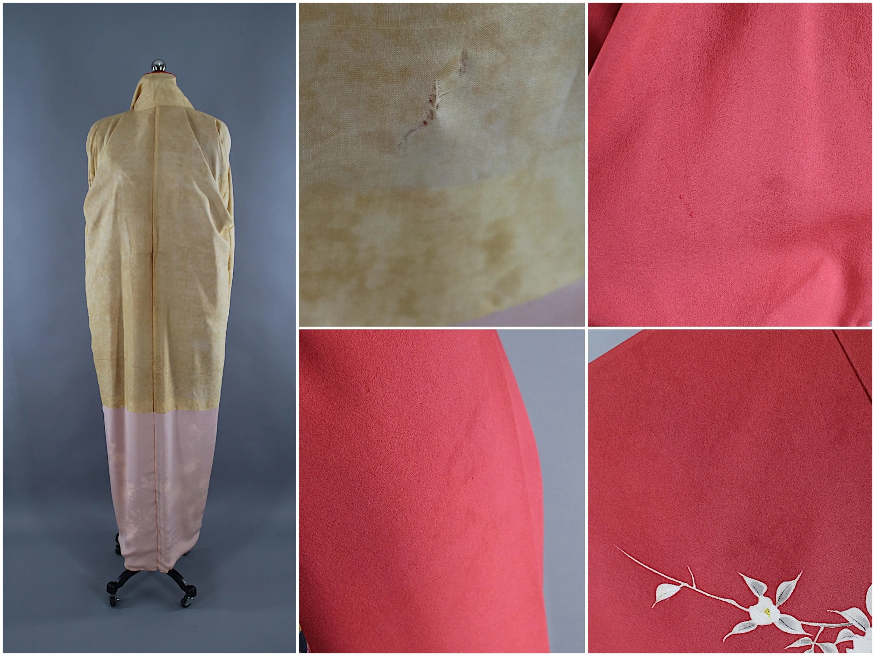 1950s Vintage Silk Kimono Robe / Brick Red Dogwood Floral Print