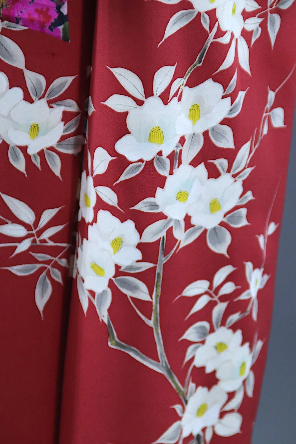 1950s Vintage Silk Kimono Robe / Brick Red Dogwood Floral Print