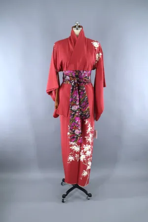 1950s Vintage Silk Kimono Robe / Brick Red Dogwood Floral Print