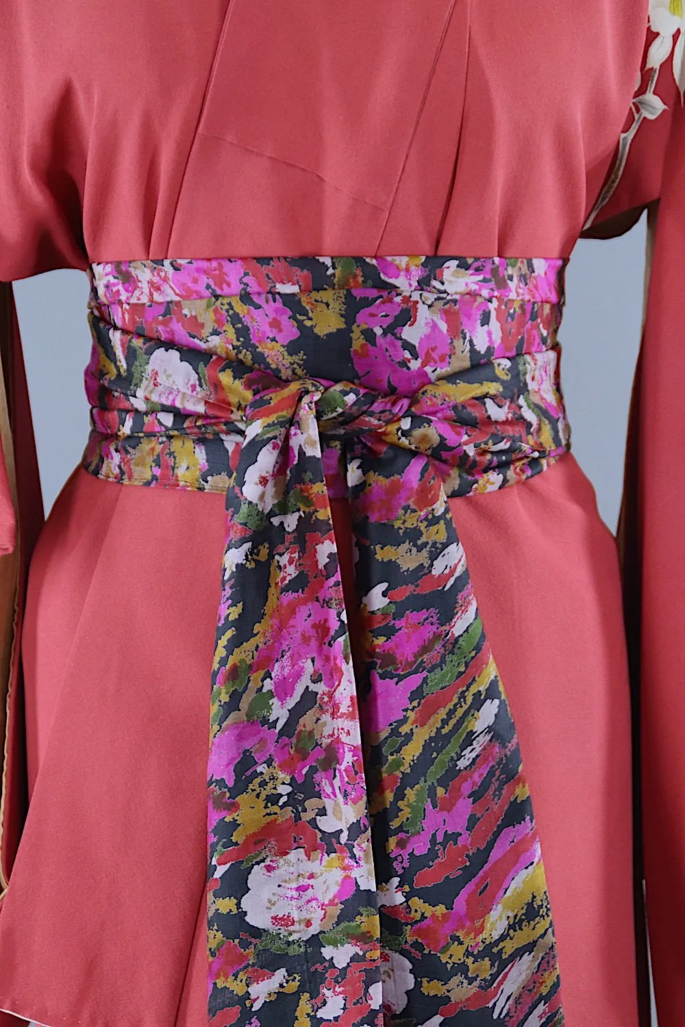 1950s Vintage Silk Kimono Robe / Brick Red Dogwood Floral Print
