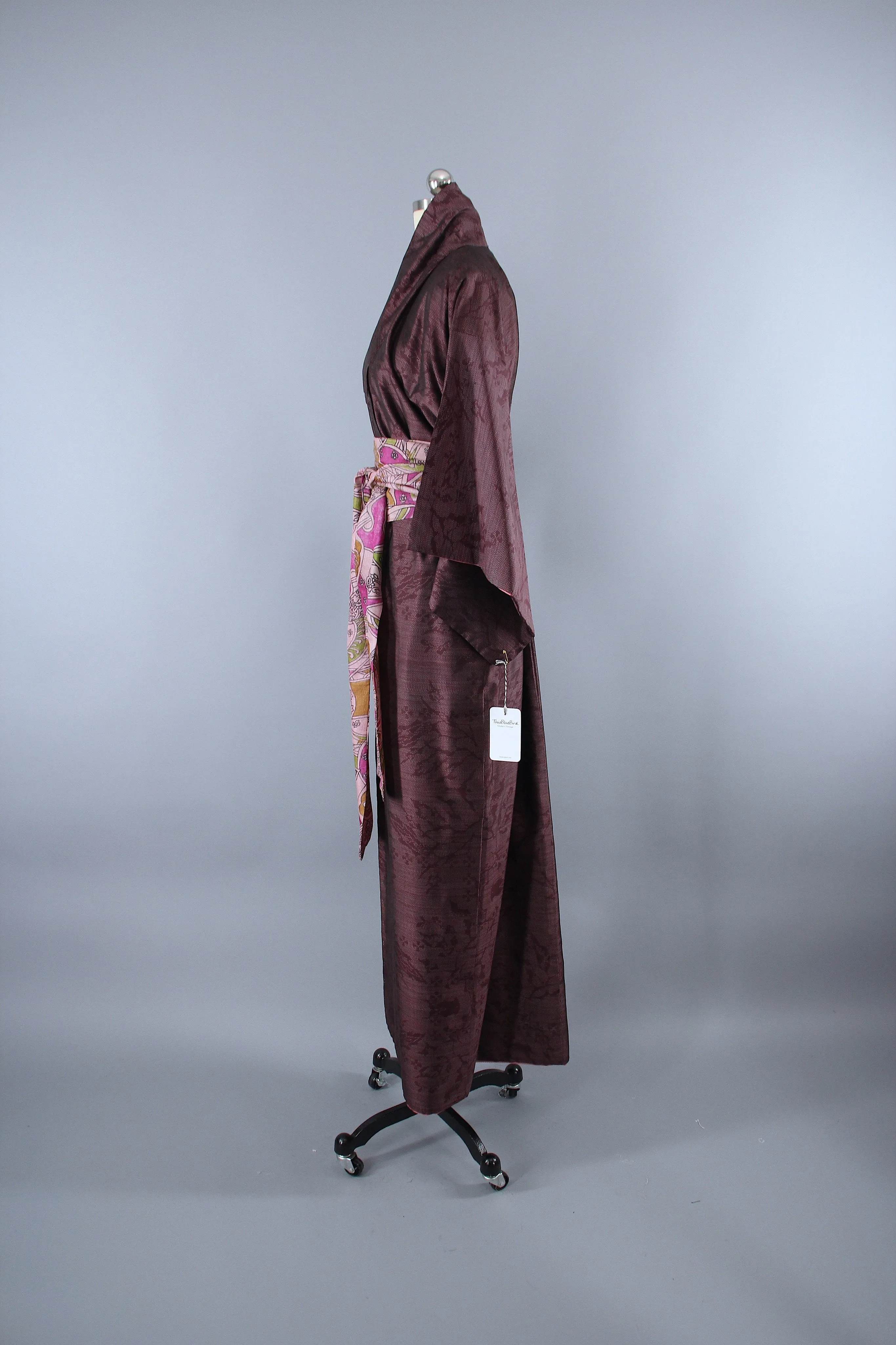 1950s Vintage Silk Kimono Robe / Dark Purple & White