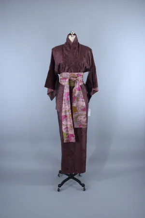 1950s Vintage Silk Kimono Robe / Dark Purple & White