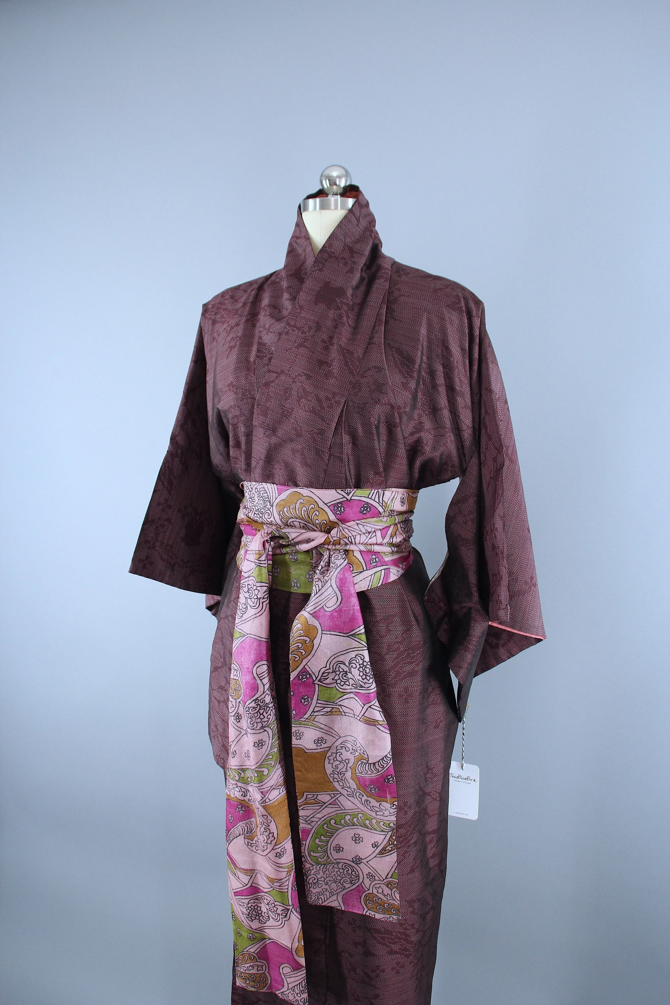 1950s Vintage Silk Kimono Robe / Dark Purple & White