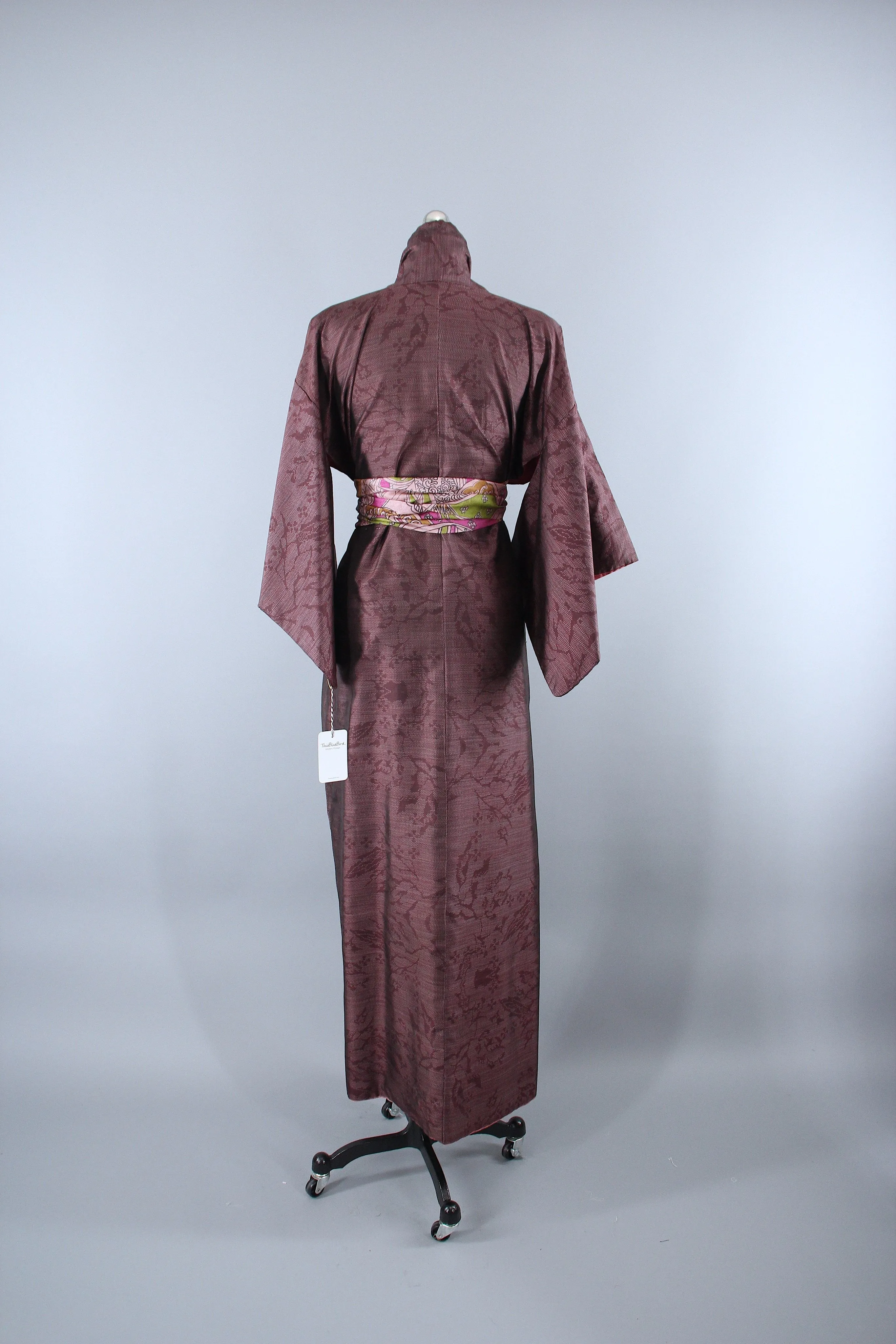 1950s Vintage Silk Kimono Robe / Dark Purple & White