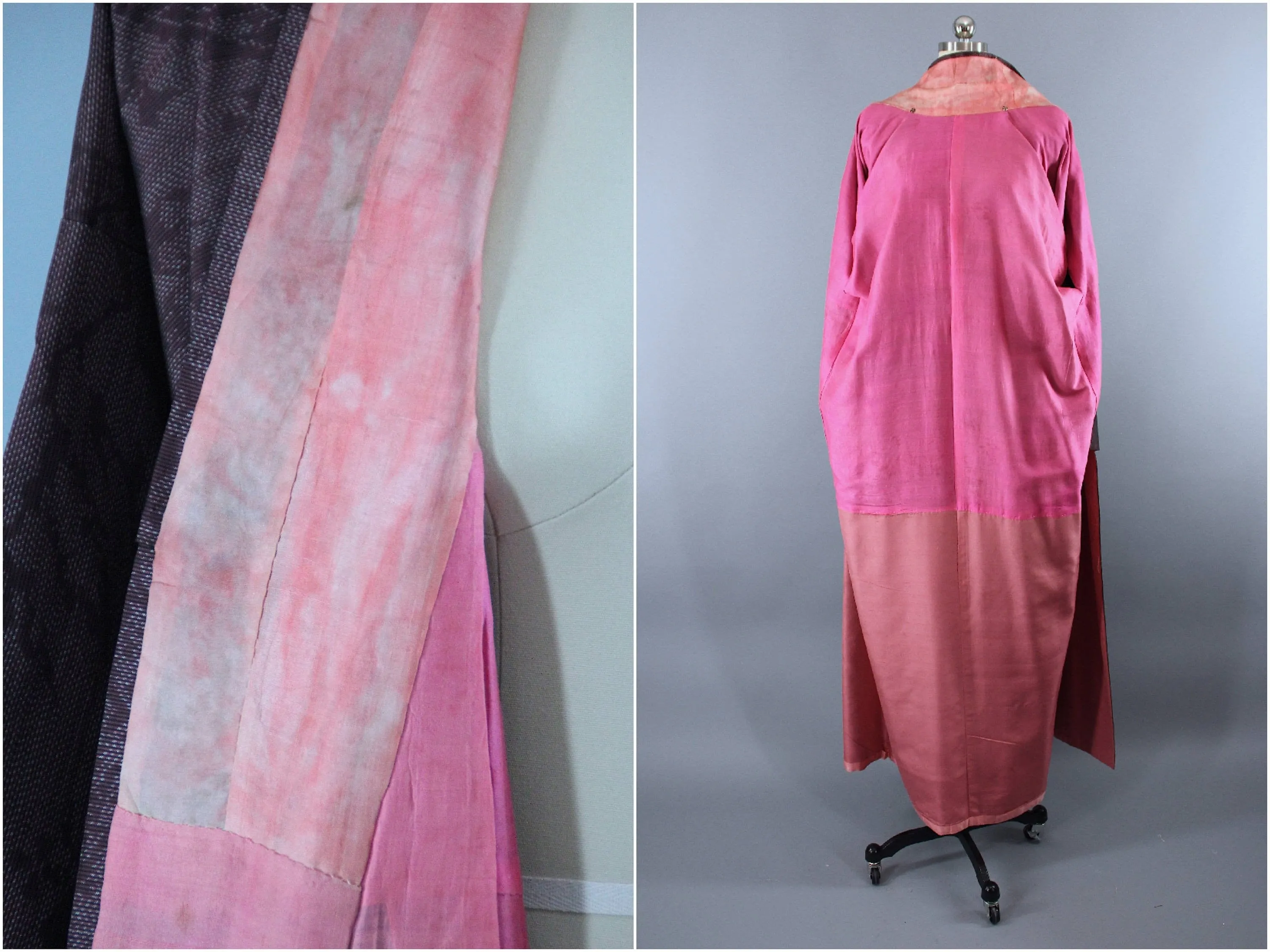 1950s Vintage Silk Kimono Robe / Dark Purple & White