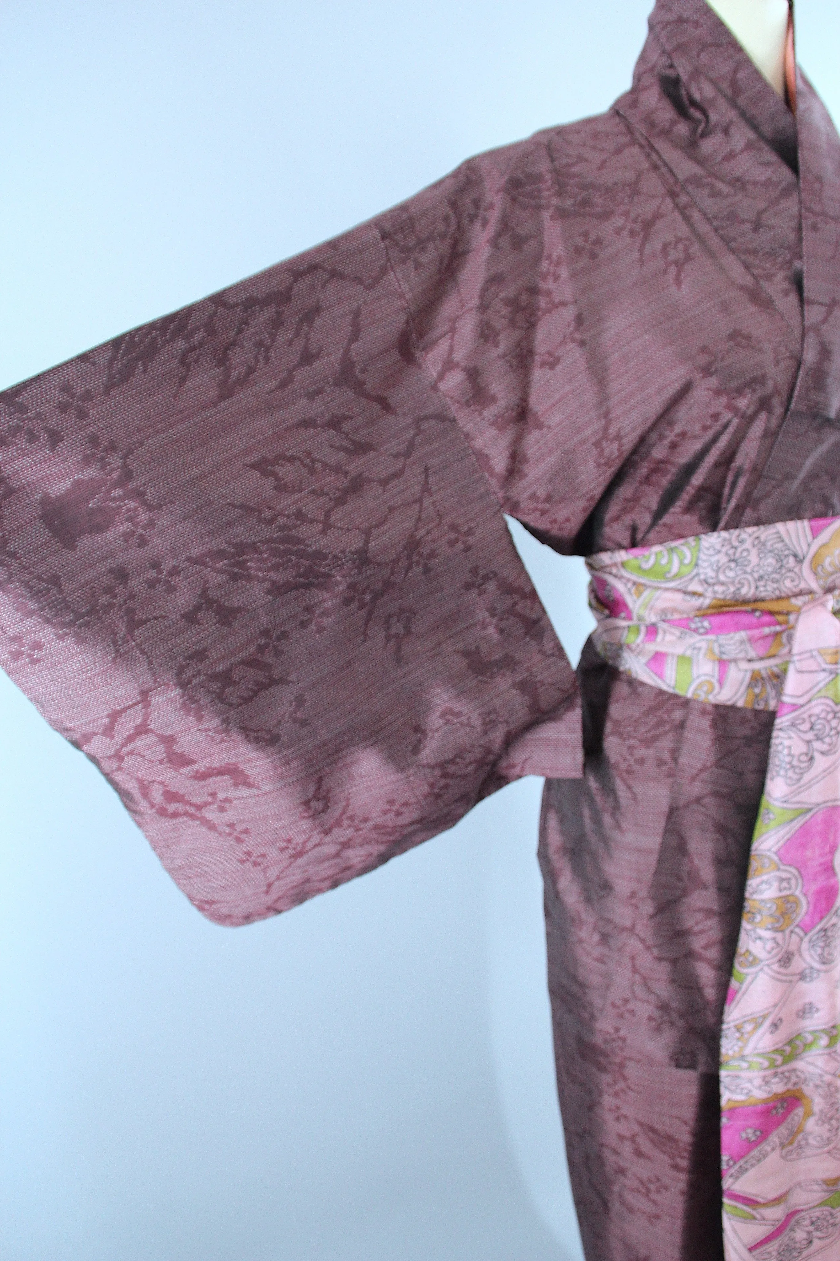 1950s Vintage Silk Kimono Robe / Dark Purple & White