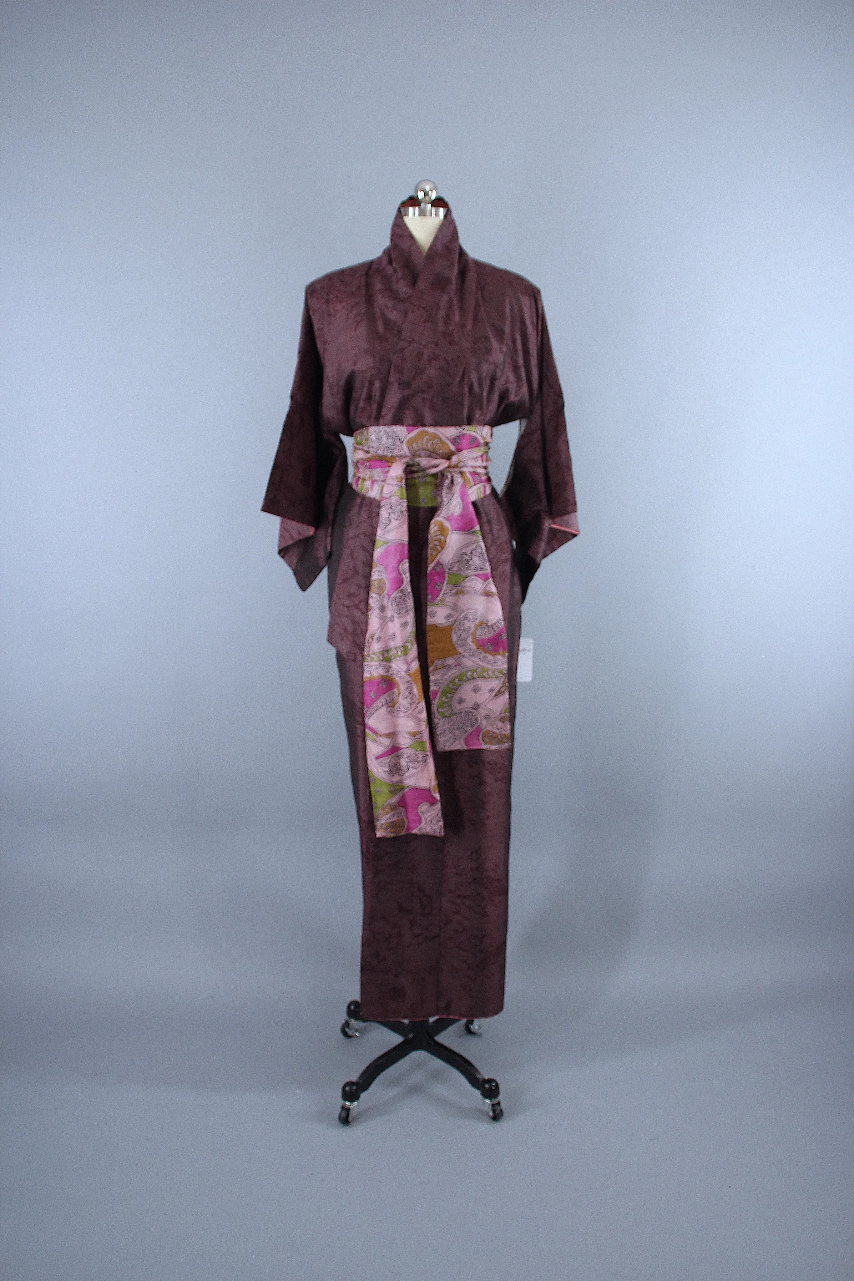 1950s Vintage Silk Kimono Robe / Dark Purple & White