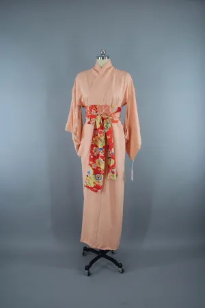1950s Vintage Silk Kimono Robe in Pastel Peach with Woven Trees