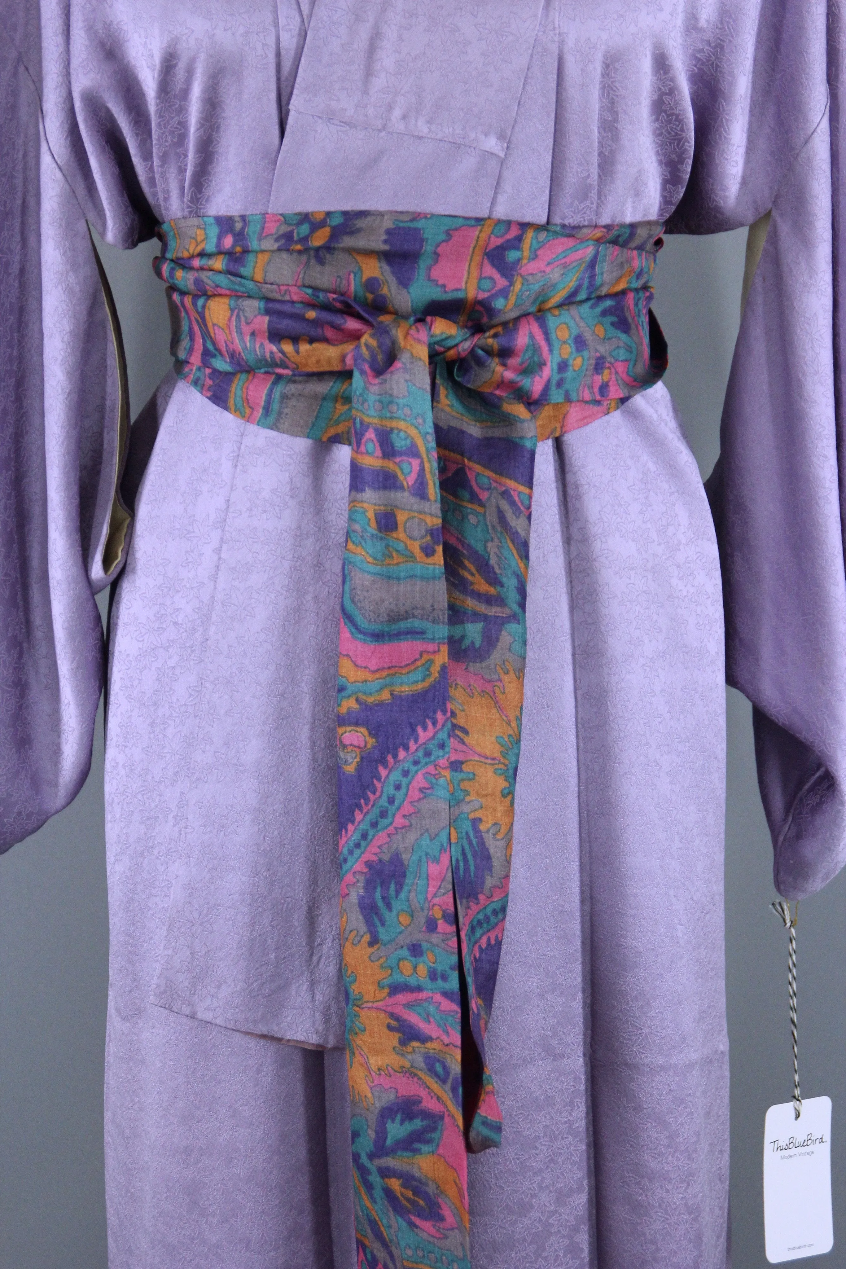 1950s Vintage Silk Kimono Robe / Lavender Purple Maple Leaves