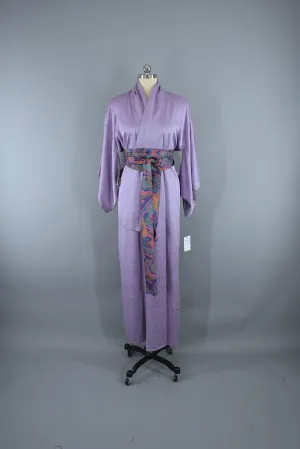 1950s Vintage Silk Kimono Robe / Lavender Purple Maple Leaves