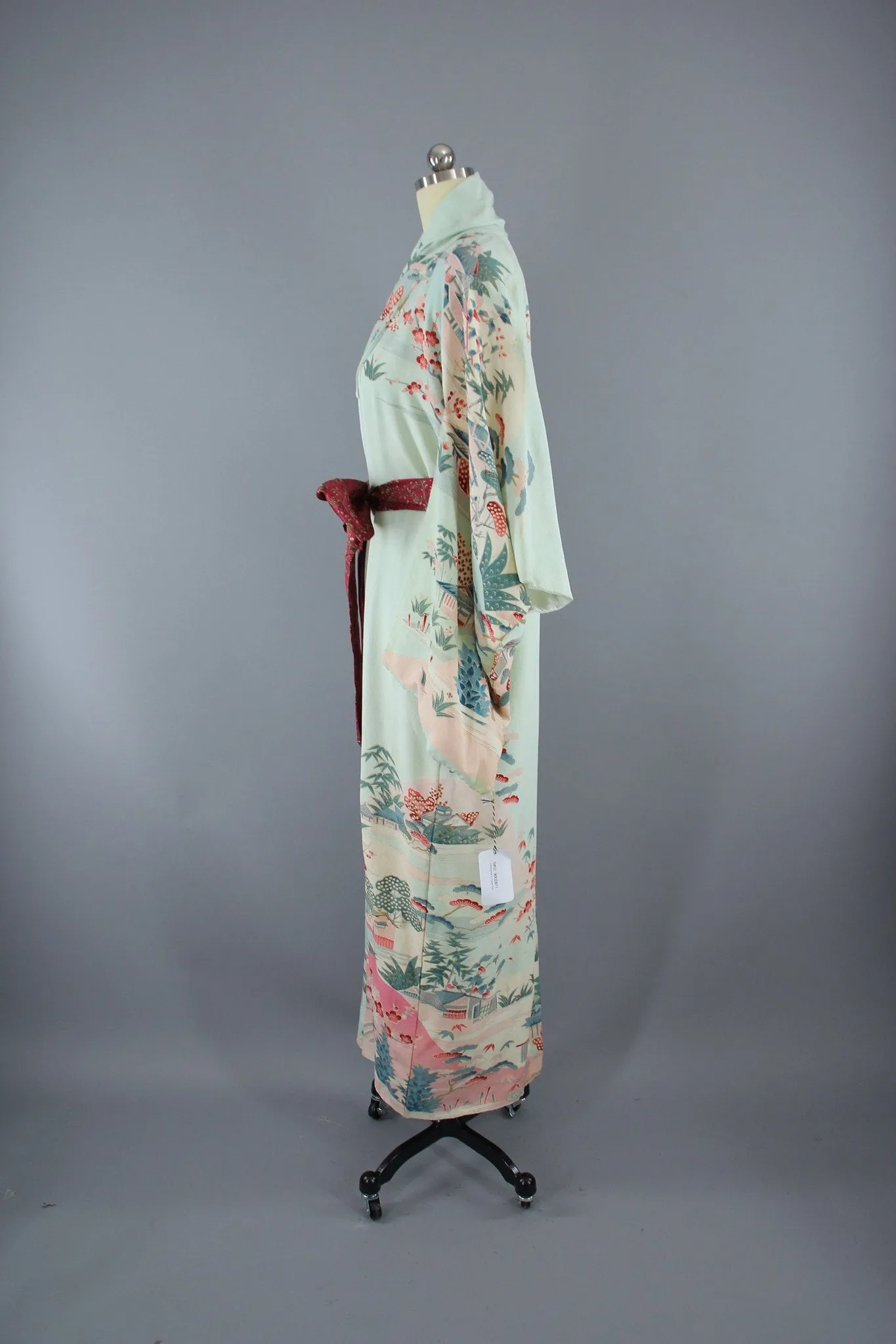 1950s Vintage Silk Kimono Robe / Mint Green & Floral Print