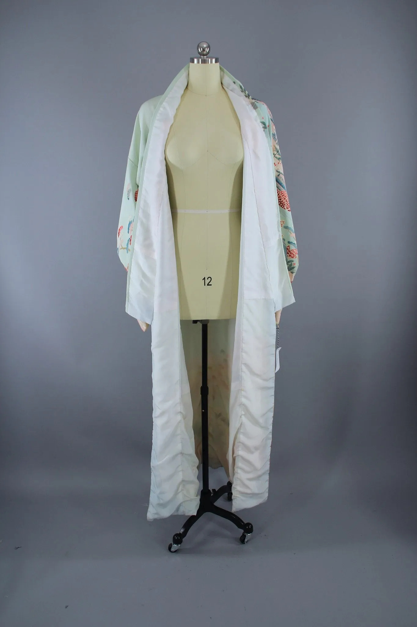 1950s Vintage Silk Kimono Robe / Mint Green & Floral Print