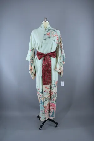 1950s Vintage Silk Kimono Robe / Mint Green & Floral Print
