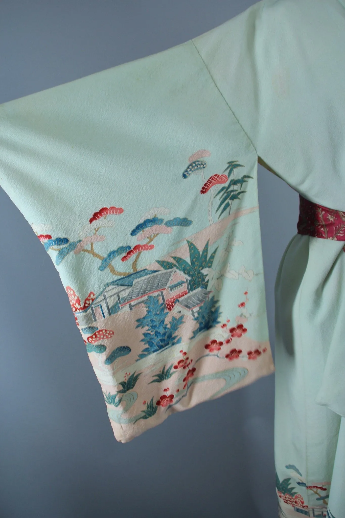 1950s Vintage Silk Kimono Robe / Mint Green & Floral Print