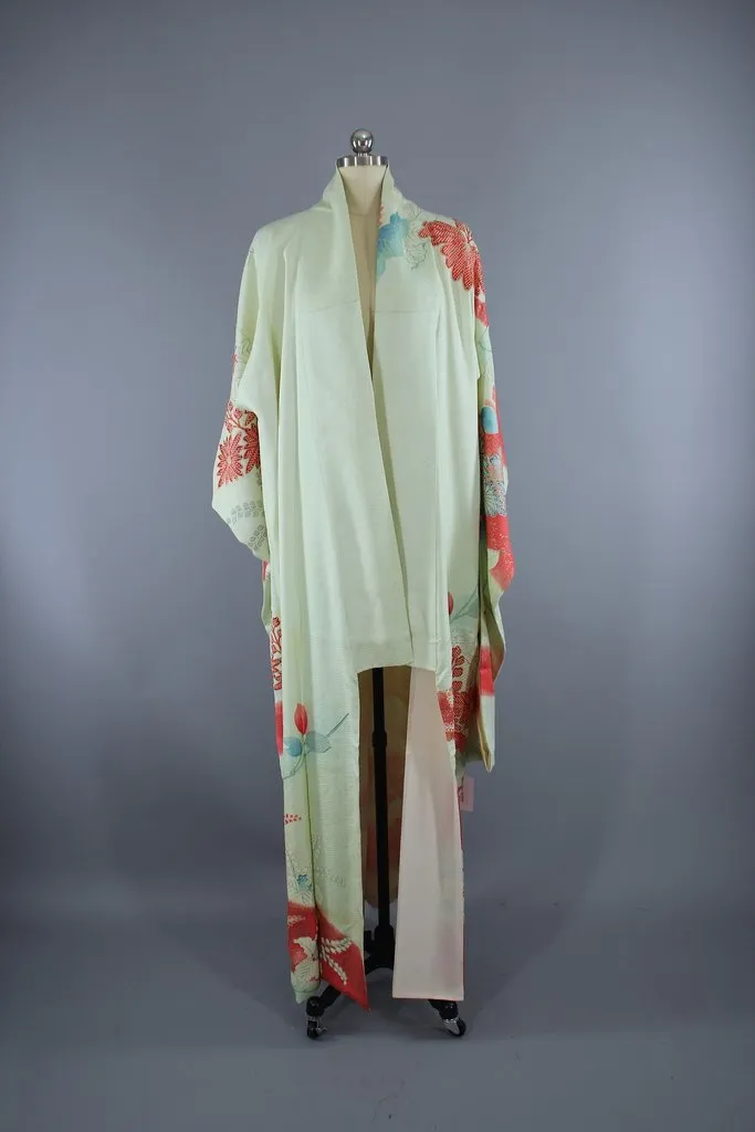 1950s Vintage Silk Kimono Robe / Mint Green & Pink Floral Furisode