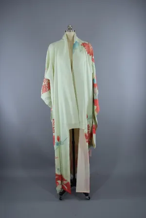 1950s Vintage Silk Kimono Robe / Mint Green & Pink Floral Furisode