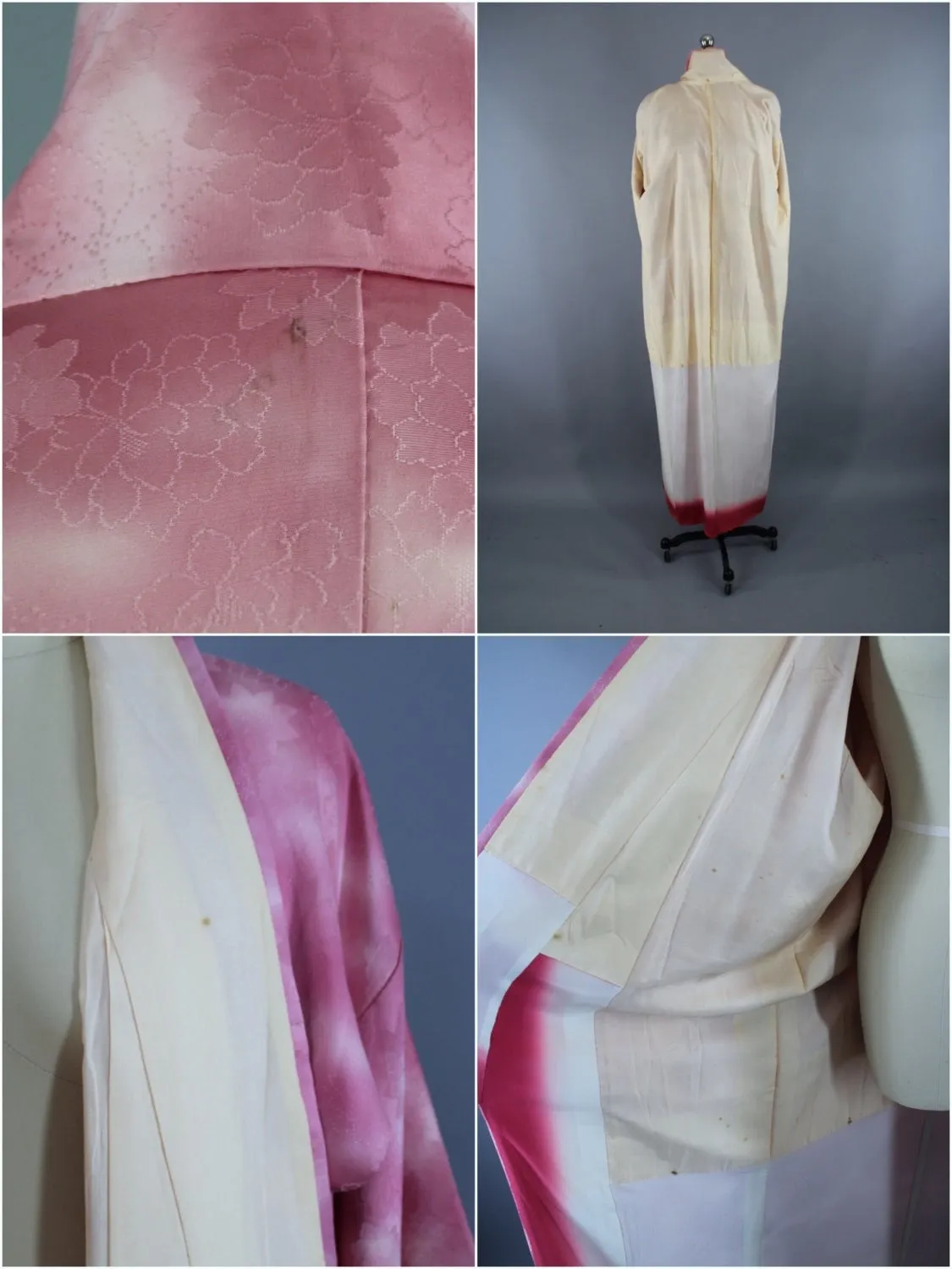 1950s Vintage Silk Kimono Robe / Pink Ombre Clouds Floral