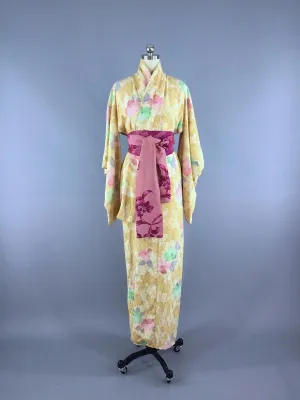 1950s Vintage Silk Kimono Robe with Yellow and Pink Watercolor Print