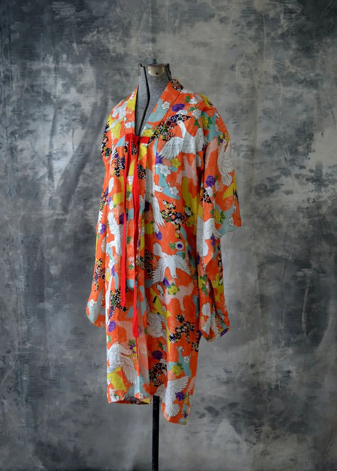 1960s Orange Silk Dove Print Kimono