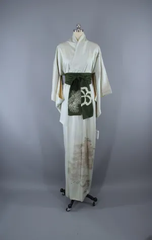 1960s Vintage Silk Kimono Robe / Green Platinum Embroidery