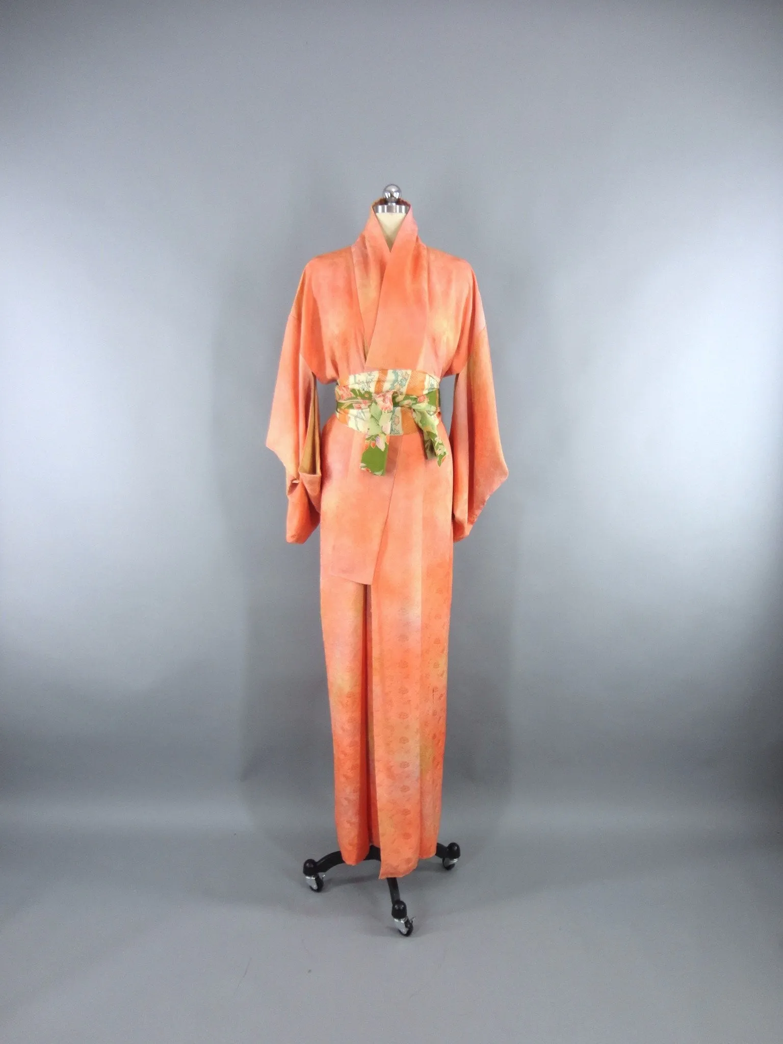 1960s Vintage Silk Kimono Robe in Orange Sherbet Ombre