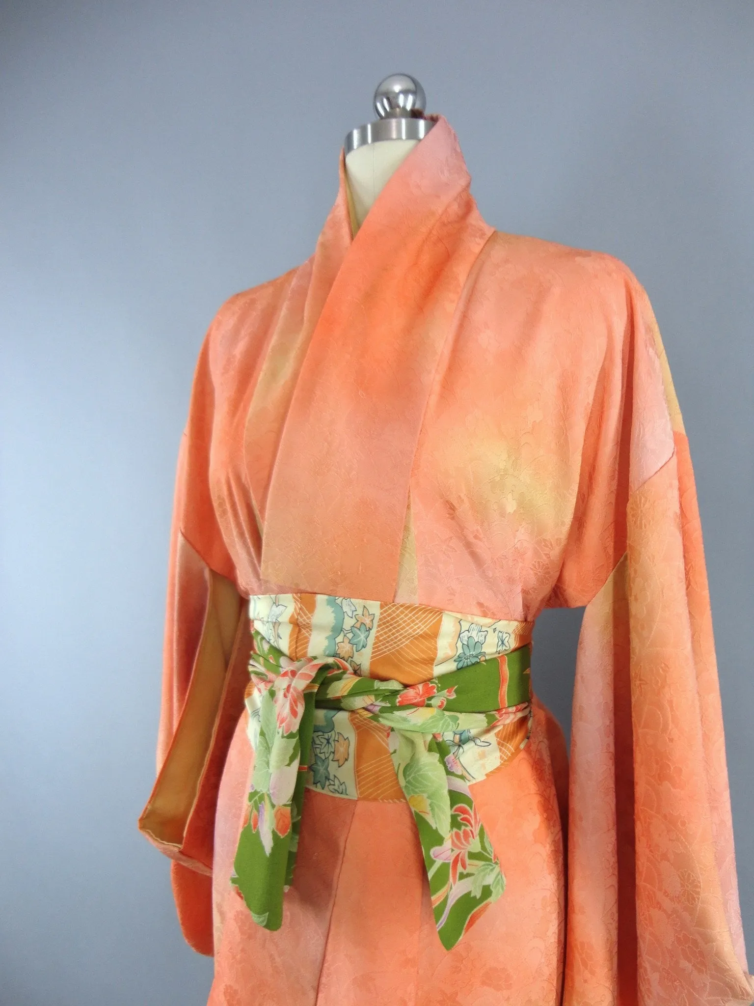 1960s Vintage Silk Kimono Robe in Orange Sherbet Ombre