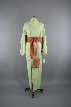 1960s Vintage Silk Kimono Robe in Pastel Spring Green